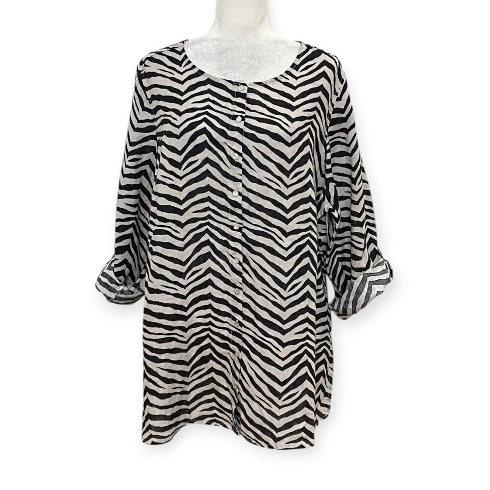 Tahari Women’s 2X 100% Linen Zebra Print Button Front Tunic Top Long Sleeve